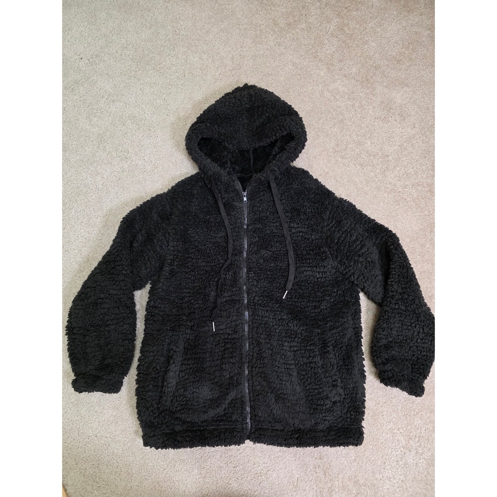 Vipwest Womens Black Teddy Fleece Full Zip Hoodie Faux Shearling Jacket Size M